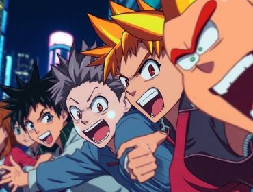 Anime characters in a colorful, vibrant, exciting scene.