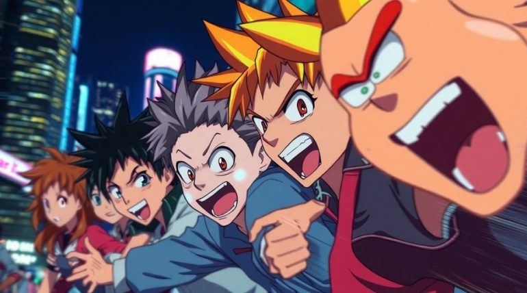 Anime characters in a colorful, vibrant, exciting scene.